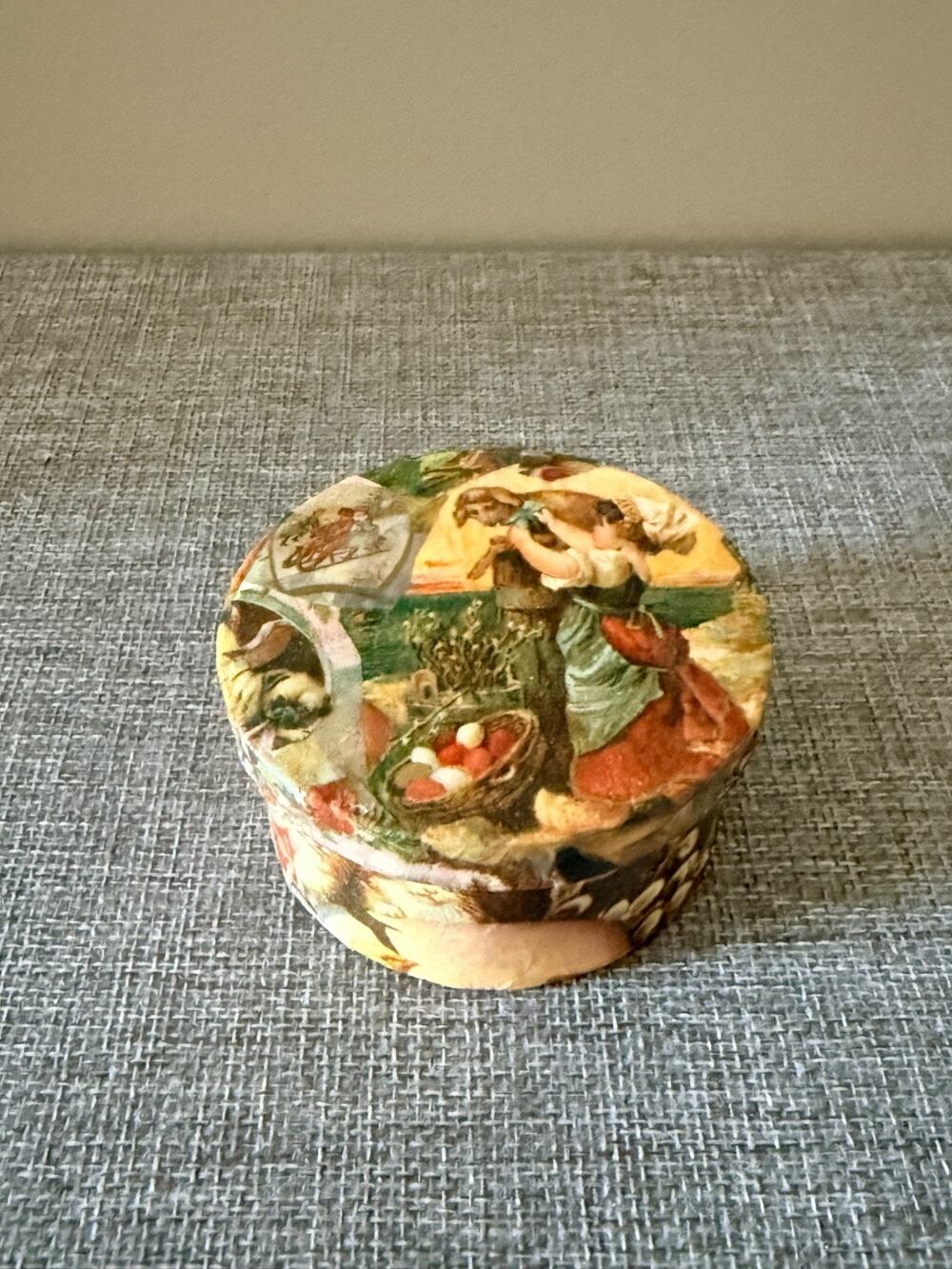 Handmade Decoupage Trinket Box Victorian Cats and Rabbits Round